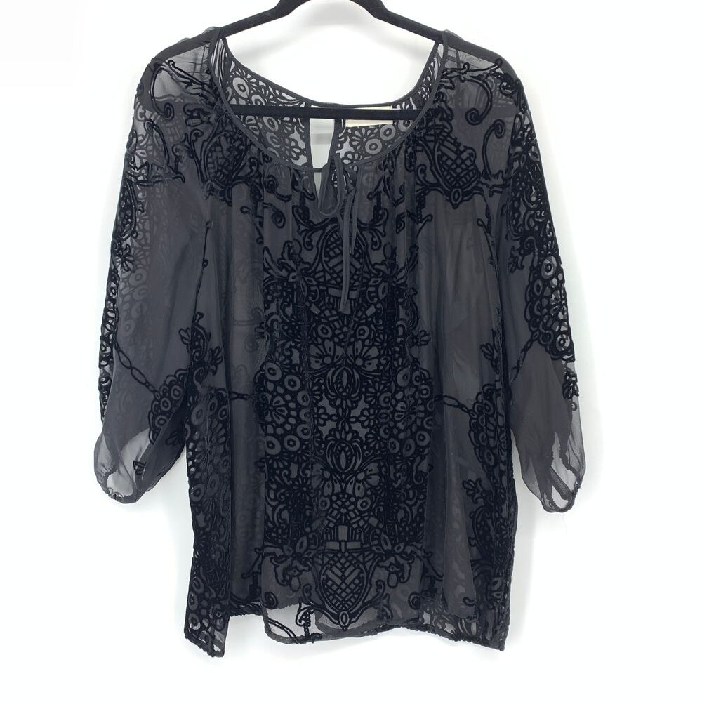 4 Love Liberty Johnny Was Blouse Sz L Silk Blend Black Burnout Velvet Sheer Boho